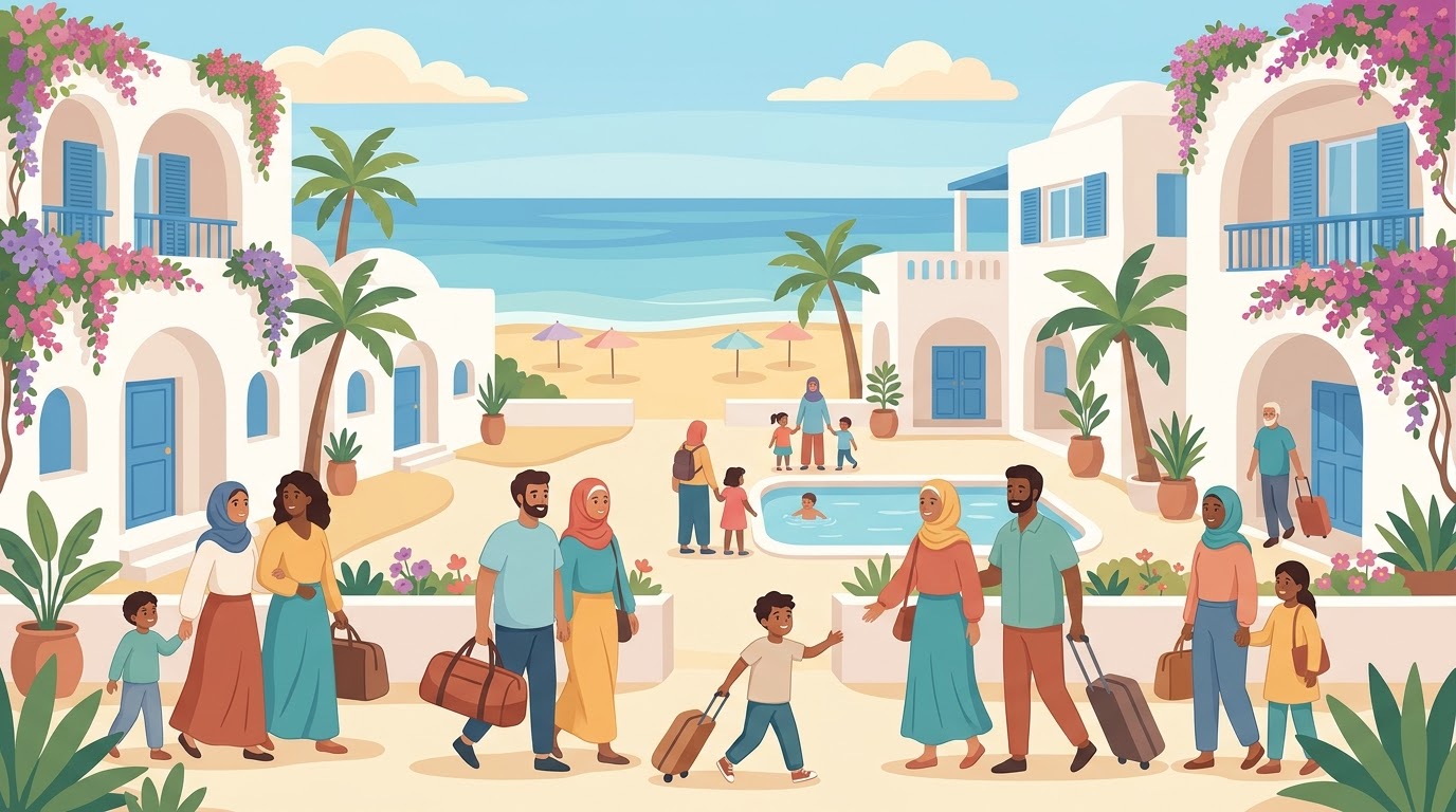Un hôtel blanc au bord de la mer à Hammamet avec une piscine ; des familles arrivent avec leurs valises
